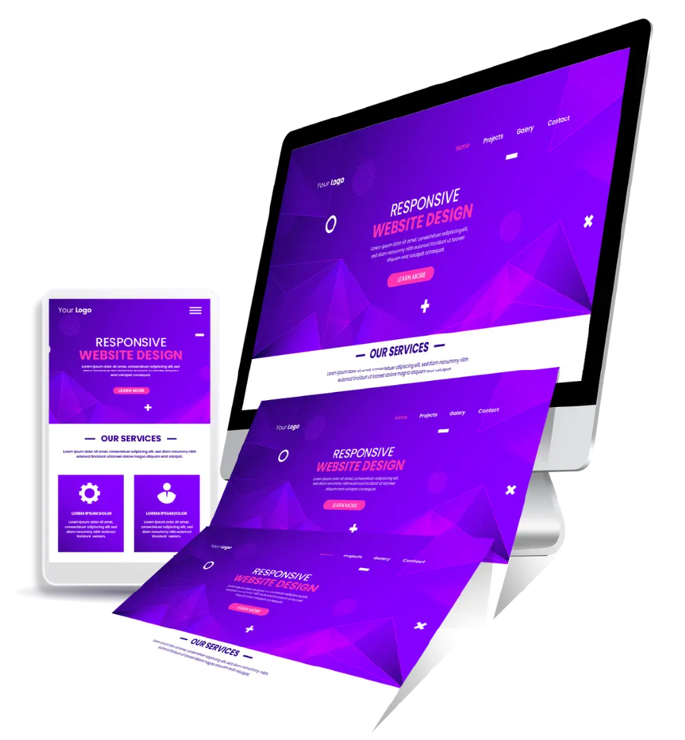 Computadora y celular con diseño web morado